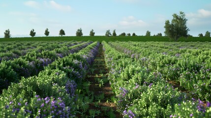 Fields of alfalfa green bushes with purple flowers image