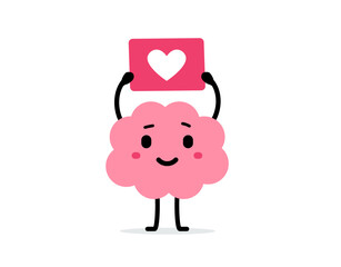 Vector cartoon illustration of cute happy brain character hold board with heart in hand on white color background. Flat doodle style design of smile brain in search of love