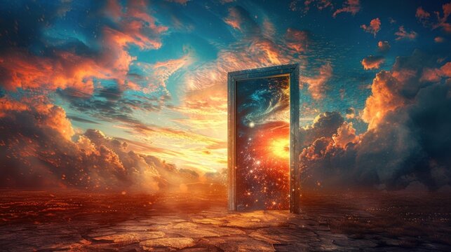 A mystical door opening to a vibrant, sunlit sky, symbolizing new opportunities and boundless possibilities in a dreamlike, surreal setting.
