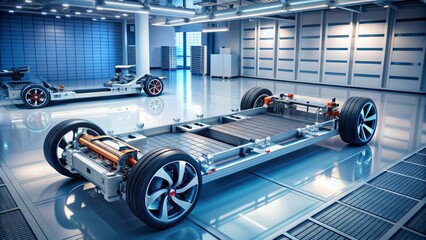 Modern futuristic laboratory setup featuring advanced high-performance chassis and battery packs for electric vehicle prototype development.