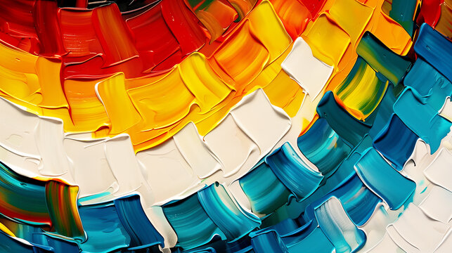 abstract colorful circular mosaic background with dynamic paint strokes, with a focus on the texture and depth of the paint, showing vibrant rainbow variations from blue to green, red, and yellow