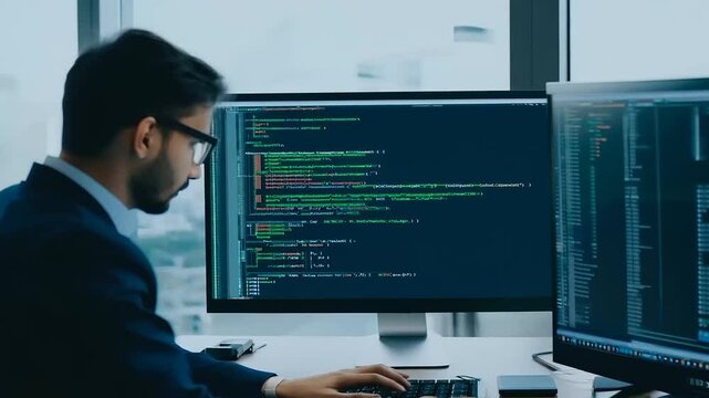 Two software developers collaborating on code at their workstations.