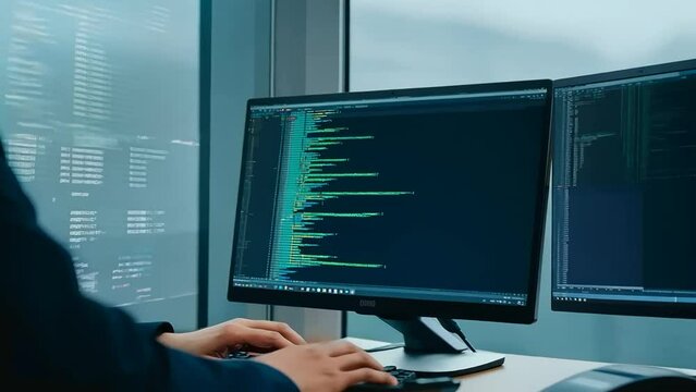 Two software developers collaborating on code at their workstations.