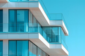 Modern Architectural Design with Glass Balconies Against a Clear Blue Sky