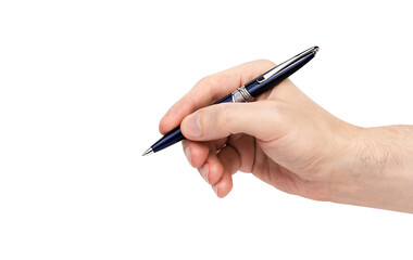 Man's hand holds the pen isolated on white background. Close-up.