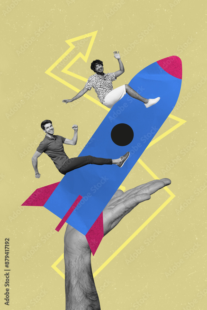 Aufkleber sketch image artwork of collage of collage of huge paint rocket fly hand hold two miniature man sit 