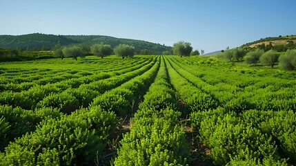 Fototapeta premium Fields of wormwood green bushes with small flowers