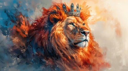 Naklejka premium proud Lion King wearing a royal crown watercolor art