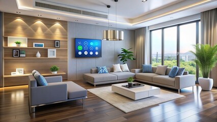 Modern minimalist living room with sleek smart home devices and digital interface icons displaying temperature control and energy monitoring systems.