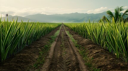 Sugar cane fields rows of tall plants stretch