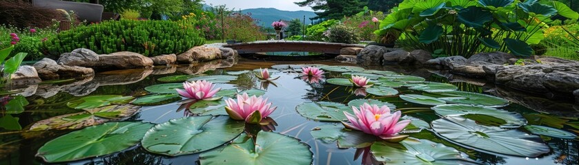 A clear photo of a tranquil pond with lotus flowers and a small wooden bridge, highlighting peace and traditional design, Traditional design, Pond with lotus and bridge