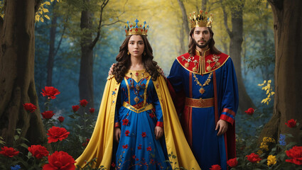 Naklejka premium A king and queen, wearing golden crowns and blue robes, stand in a forest with red and yellow flowers.