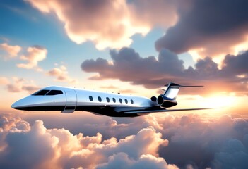Obraz premium rendering design sky black private huge white flying generic jet horizontal background luxury image blue concept travel sunset clouds 3d plane class vip first business flight air transportation