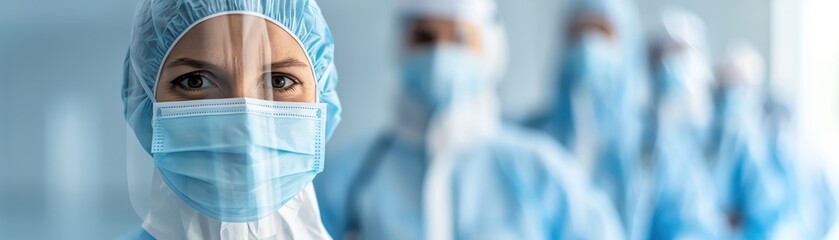 Team of healthcare professionals in PPE gear standing in a line, focused and ready for medical procedures.