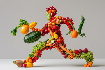 A man made of fruits and vegetables is running, generative ai image.