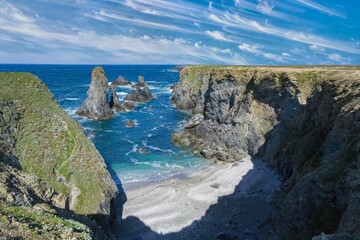 Scenic view of Belle-Ile in Brittany, seascape with rocks and cliffs on the Cote Sauvage
