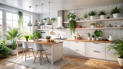 Sleek Scandinavian-inspired kitchen featuring a pristine white countertop adorned with modern utensils and a lush green indoor plant oasis.