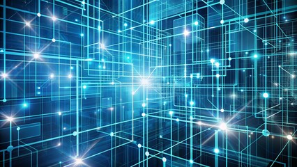 Obraz premium Futuristic minimalistic abstract background featuring geometric connections of blue lines and white squares on a teal and white digital blueprint