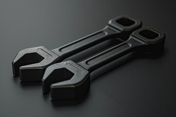 Two black metal wrenches on a dark surface