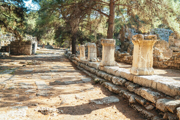 Myra Ancient City. Ancient Lycian rock tombs are stone tombs in Turkey. Historical ancient place in Demre. Antalya, Turkey.