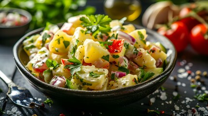 Potato salad is hearty and aromatic with pieces picture