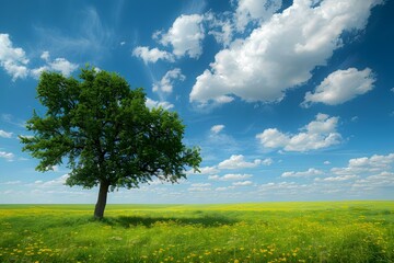 Fototapeta premium Lone Tree in a Vast Green Field Under a Blue Sky with Fluffy Clouds