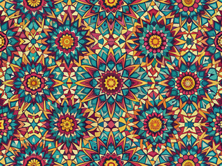 Intricate seamless geometric abstract pattern featuring interconnected shapes in vibrant colors, ideal for fabric, wallpaper, or background design, adding visual interest to any space.