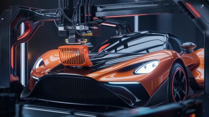 Obraz premium Futuristic 3D Printed Car Ventilation Grille – Cinematic 3D Render of High-Tech Red and Black Vehicle with Robotic Arm and Realistic 3D Printer