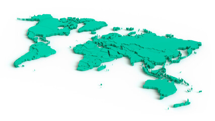 Mint color world map on white background. 3D rendering