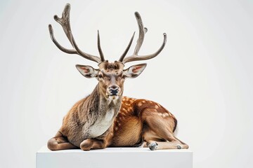 Majestic Red Deer Sits Gracefully on White Platform