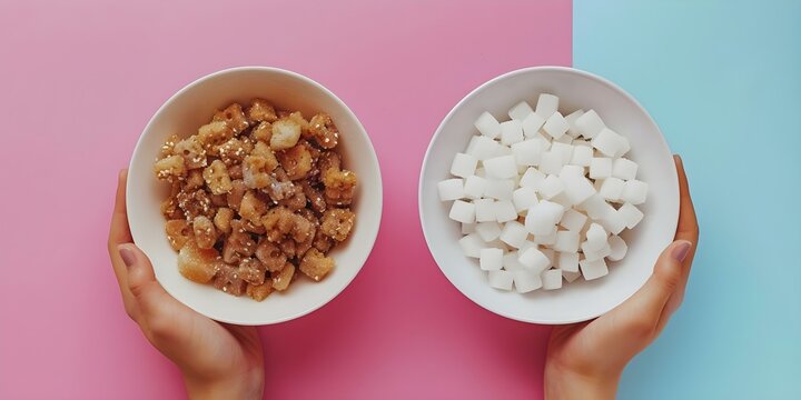 Comparing traditional sugar with healthier sugar substitutes for dietary benefits. Concept Health benefits, Sugar substitutes, Traditional sugar, Dietary comparisons, Sugar alternatives