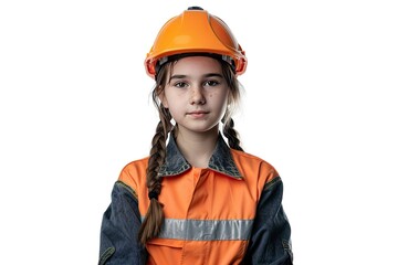 Young girl in an orange hard hat and work clothes looks at the camera with a serious expression