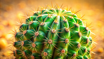 Vibrant green cactus with intricate spines and delicate patterns, set against a warm beige background, evoking a sense of desert tranquility and natural beauty.