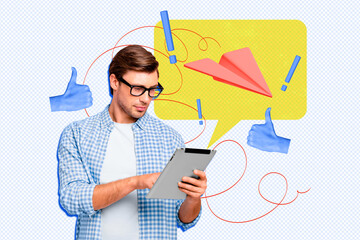 Composite photo collage of manager man hold ereader receive best mark thumb up helpline service...