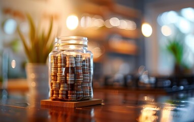 A jar filled with coins on a wooden table in a cozy, softly lit room with bookshelves in the background, offering a warm and inviting ambiance.