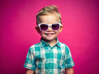 Naklejka premium Adorable cartoon illustration of a smiling little boy with trendy sunglasses standing alone on a bright pink background, exuding a fun and playful kid's personality.