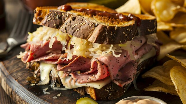 The reuben sandwich is juicy and savory image