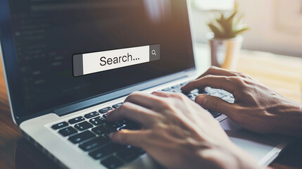 Woman Typing on Laptop with Search Icon Overlay.