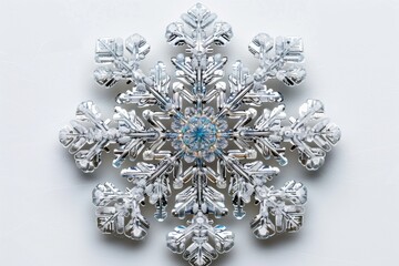 Fototapeta premium Delicate and intricate snowflake isolated on pristine white background, with symmetrical patterns and intricate details capturing natural beauty