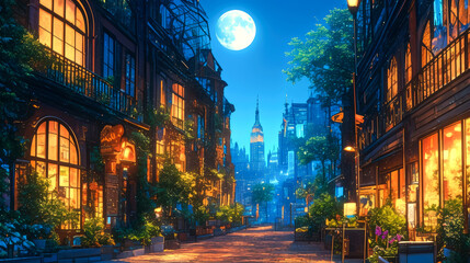 Fototapeta premium street of city on night with moon style anime