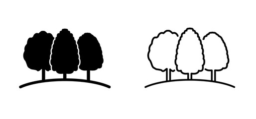 Three trees, picnic concept. Line pattern. Forest icon. Wood, timber. Trees and leaf. Vacation, holiday logo. Walking area. Nature reserve sign.