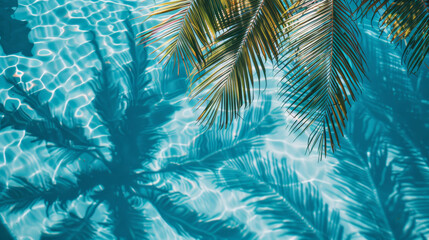 Calm summer vacation, holiday, relax, resort background. Blue water surface with palm trees shadows reflection in sunny day