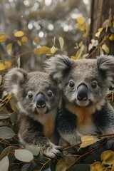 Fototapeta premium Curious Koala Joey and Baby Wombat Exploring Side by Side in Muted Earth Toned Digital Collage