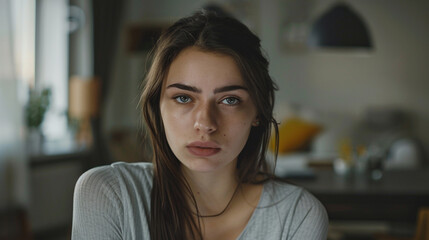 Fototapeta premium Positive serious model girl at home, female head shot portrait. Beautiful young adult Caucasian woman looking at camera, posing in apartment