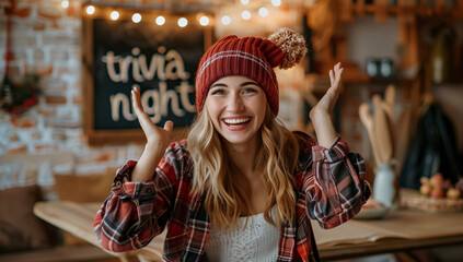 A young woman smiles warmly with a "Trivia Night" sign in the background, reflecting her enthusiasm for the upcoming event. This image captures the lively enjoyment associated with trivia nights.