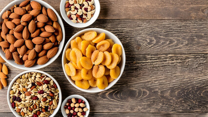 Different dry fruits in bowls on wooden table top side background