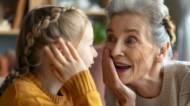 Pretty adorable granddaughter tell secret to happy laughing grandma, whispering at ear. Cheerful grandmother and preteen girl enjoying family communication, listening to kid