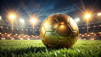 Fototapeta premium Shiny golden soccer ball isolated on a dark green grassy field with blurred stadium lights in the background.