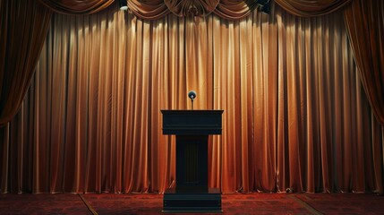 Corporate award ceremony podium with a microphone and velvet backdrop