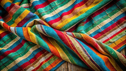 Vibrant, multicolored striped fabric with subtle texture and distressed, worn appearance, evoking nostalgia and retro charm in a still life setting.